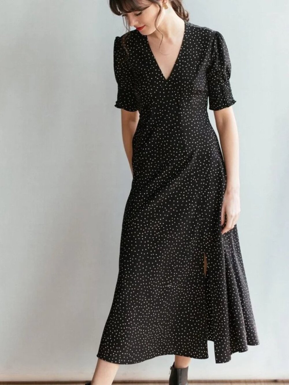 Olive Clothing Jeanne Black Polka Dot Midi Dress Size XS